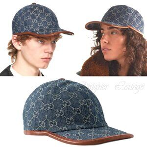 NEW GUCCI GG Monogram Denim Leather Trim Baseball Cap Hat Size M / 58 cm Authent